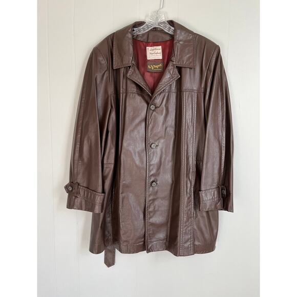 Vintage 60s 70s Brown Leather Short Trench Coat Jacket Belted XL Made in USA - Picture 8 of 16